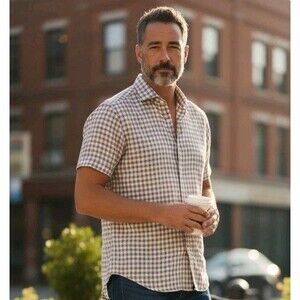 HADLEIGHS Linen Shirt Mens L White Taupe Check Plaid Casual Beach Made In Italy